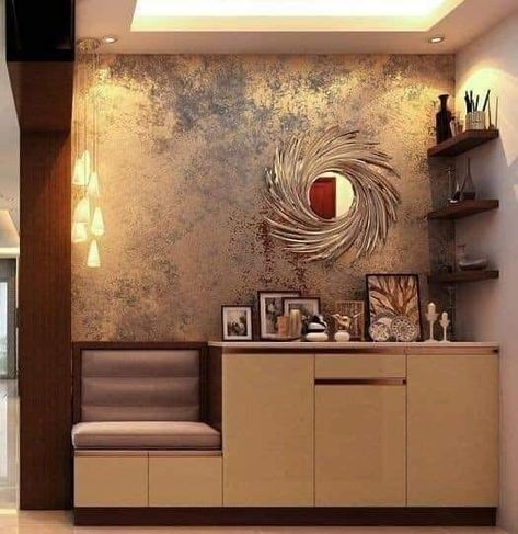 Foyer Designs For Apartments, Foir Area Interior, Foyer Shoe Rack Designs, Foyer With Shoe Rack Design, Karighars Interior, Foyer Interior Design Modern, Living Area Wall Design, Foyer With Storage, Entrance Wall Design Entryway