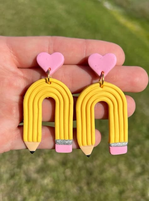 Pencil Earrings / Teacher Earrings / Polymer Clay Pencil | Etsy Polymer Clay Pencil Earrings, Clay Crafts For Teachers, Cute Teacher Earrings, Polymer Clay Ideas Earrings, School Polymer Clay Earrings, Pencil Clay Earrings, Polymer Clay Earrings For Teachers, Polymer Clay Teacher Gift, Back To School Polymer Clay Earrings