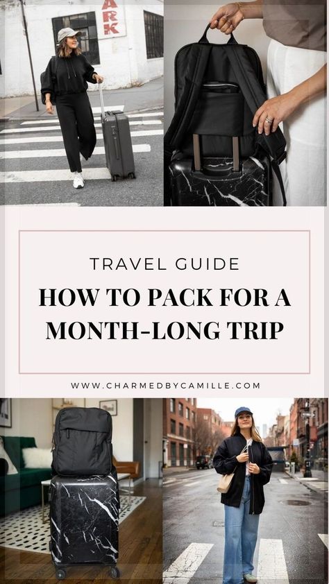 Struggle to pack for long trips? Wonder no more! Today Charmed By Camille shares her tips and tricks for how to pack while embarking on a long vacation. Visit her blog today to see how to pack for a month-long trip, plus some of her favorite items she would pack and never travel without. Month Packing List Summer, Packing For 1 Month Trip, How To Pack For 15 Days Trips, Month Long Trip Packing List, What To Pack For A Month Long Trip, Packing For A Long Trip, 10 Day Trip Packing List, What To Pack For Vacation, Paris Packing