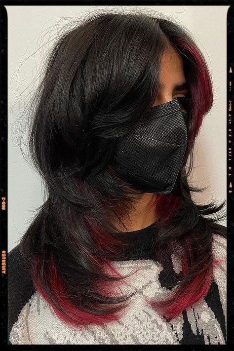 Wolf Cut With Dyed Tips, Wool Cut Hair, Wolf Cut Peekaboo Hair, Wolf Cut Hair Dye, Wolf Cut Hair Color Ideas, Black And Red Wolf Cut, Wolf Cut Colored Hair, Red Wolf Cut Hair, Wolf Cuts Hairstyle