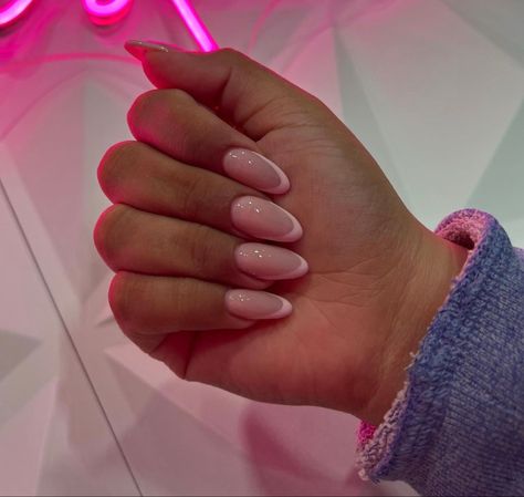 Almond Shaped Pink French Tip Nails, Blush Almond Acrylic Nails, Almond Shape Aura Nails, Light Pink French Almond Nails, Pink Almond Nails Black Women, Minimalist Nails Almond French Tip, Pink On Pink French Nails Almond, Pink French Tip Nails Black Women, Oval Nails Pink French Tip