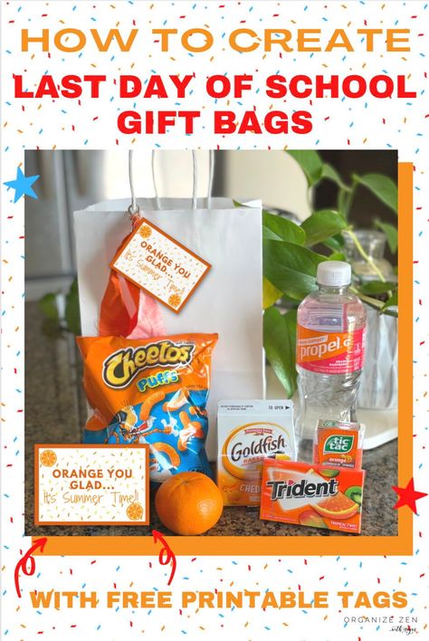 Honor your kids’ hard work and school accomplishments by celebrating the end of the school year with this fun gift idea! The “ORANGE You Glad It’s the Last Day” gift bag is perfect for any age student. Check out the easy instructions and grab the free printable gift tags so you can make your own end of the year gift! #freeprintable #lastdayofschool #endoftheschoolyear Schools Out Gifts For Kids, Summer Bucket Gifts For Students, Last Day Of School Treats For Classmates, Last Day Of School Treats For Students, Last Day Of School Gifts For Classmates, Last Day Of School Gifts For Kids, Last Day Of School Gifts For Students, Last Day Of School Treats, Last Day Of School Gifts