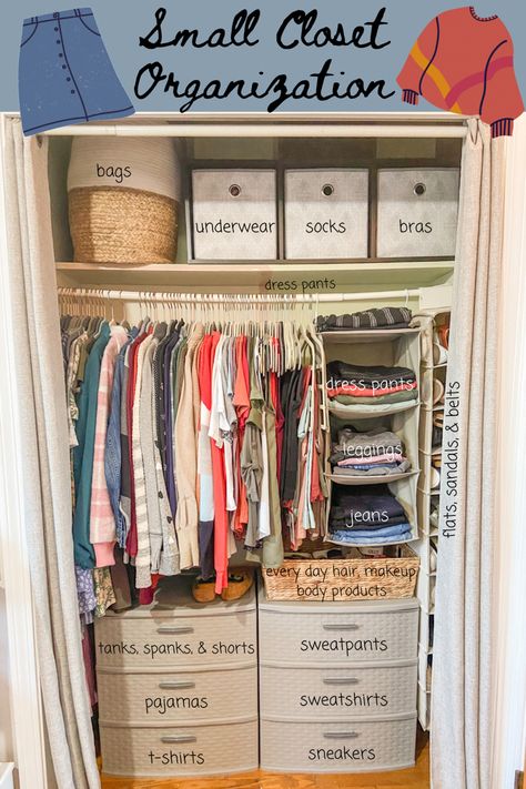 Aesthetic Dorm Storage, Closet Without Shelves Storage Ideas, Organization Hacks For Small Bedrooms, Storage Clothes Small Space, How To Store Dresses In Small Closet, Underbed Storage Dorm, Storage Clothes Ideas, Storage Ideas For Small Spaces Bedroom, Small Closet Organization Ideas Bedroom Clothing Storage