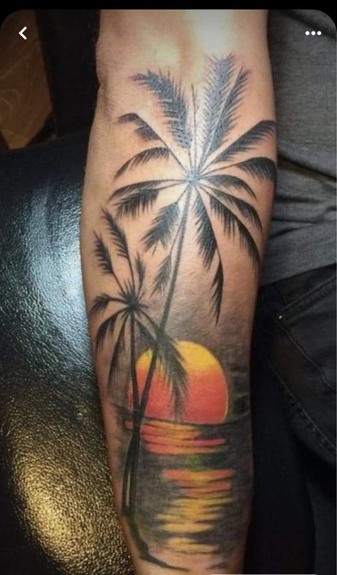 Beach Scene Tattoo, County Tattoo, Beachy Tattoos, Feather With Birds Tattoo, Island Tattoo, Octopus Tattoo Design, Hip Thigh Tattoos, Sunset Tattoos, Palm Tattoos