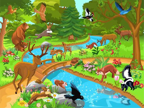 Forest animals coming to drink water. Cartoon illustration with forest animals c , #AFF, #coming, #drink, #Forest, #animals, #water #ad Forest Drawing With Animals, Forest Kids Room, भारतीय इतिहास, Forest Drawing, Easy Animal Drawings, Easy Animals, Forest Pictures, Kids Room Wallpaper, Forest Animals