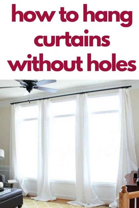 How to hang curtains without holes using command hooks-great idea for renters or students who don't want to put holes in the walls! #rental #decorating #commandhooks Curtains Without Holes, Curtains Without Drilling, How To Hang Curtains, Hanging Curtain Rods, Hang Curtains, Command Hooks, How To Hang, Rental Decorating, Cleaning Walls