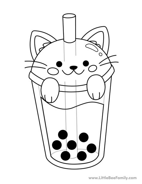 Boba Cat Coloring Page from LittleBeeFamily.com Boba Coloring Page, Cute Coloring Pages Easy, Cute Coloring Pages Free Printable, Cute Cat Coloring Pages, Printable Color Pages, Cute Coloring Pages For Kids, Coloring Template, Coloring Pictures For Kids, Kawaii Cat Drawing