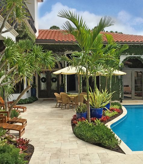 This pool in a garden is accented by tropical, colorful plantings and glazed pottery. Designed by Pamela Crawford, who designs gardens throughout Palm Beach County. Learn her secrets in her latest book, "Easy Gardens for South Florida" and see over 2000 images of her projects at pamela-crawford.com. Landscaping Around Pool, Tropical Pool Landscaping, Courtyard Landscape, Tropical Backyard Landscaping, Pool Plants, Beach Landscapes, Tropical Outdoor, Florida Landscape, Tropical Landscape Design