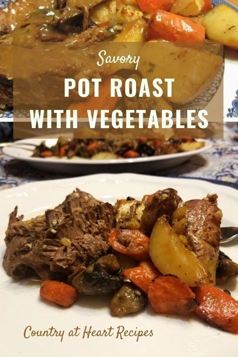 The secret to making a Savory Pot Roast with Vegetables is searing in the juices at the very beginning. Once that's done, let is simmer slowly on the stove. Then use the yummy juices to season the vegetables for roasting in the oven. So good. #savorypotroast #maindishes #comfortfood #beef #chuckroast #roastedvegetables #browngravy #countryatheartrecipes https://countryatheartrecipes.com/2014/05/savory-pot-roast-with-vegetables/ Savory Pot Roast, Pot Roast With Vegetables, Roast Beef With Vegetables, Roast With Vegetables, Carrots In Oven, Oven Roast Beef, Roast Beef And Potatoes, Oven Pot Roast, Roasted Potatoes And Carrots