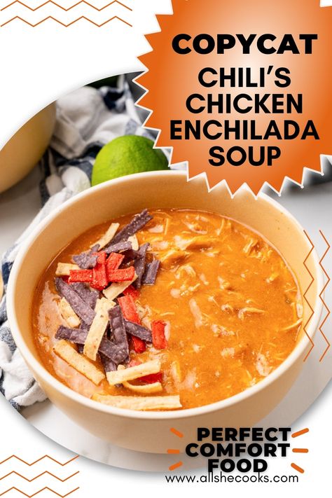 This Copycat Chili's Chicken Enchilada Soup tastes just like your restaurant favorite - but it's easy to make at home for a simple weeknight meal! Copy Cat Chili Enchilada Soup, Chili's Chicken Tortilla Soup, Chilis Chicken Enchilada Soup Crock Pot, Chilies Chicken Enchilada Soup Copycat, Chili's Chicken Tortilla Soup Copycat, Chili's Copycat Enchilada Soup, Chilis Chicken Enchilada Soup Recipe Crockpot, Copycat Chili's Chicken Enchilada Soup, Copycat Chicken Enchilada Soup Chilis