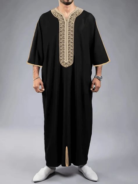 2024 New Men's Luxury White Muslim Moroccan Style Abaya Classic Embroidered Long Sleeve Formal Wear Islamic Arabic Thobe Black   Short Sleeve Woven Fabric Colorblock,Plain  Non-Stretch  Men Traditional & Cultural Wear, size features are:Bust: ,Length: ,Sleeve Length: Male Costumes, Cultural Wear, Arabic Dress, Style Marocain, Man Dressing Style, Headband Men, Afghan Clothes, Islamic Dress, Arab Fashion