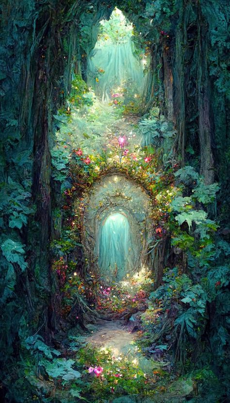 Magic Portal, Fairy Tale Forest, Fairytale Aesthetic, Mystical Forest, Fantasy Forest, Fantasy Places, Forest Flowers, Fairytale Art, Fantasy Art Landscapes