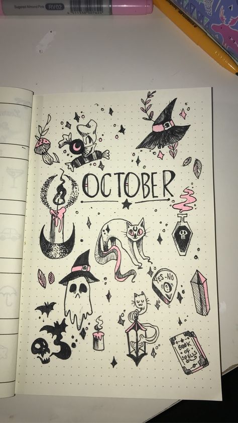 Halloween Journal Doodles, Haunted House Bullet Journal, Halloween Notebook Ideas, Spooky Journal Ideas, October Journal Spread, Halloween Journal Pages, October Journal Page, Goth Bullet Journal, Spooky Bullet Journal