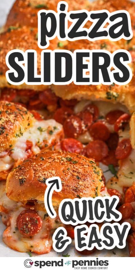 Pizza sliders are the perfect game day snack, lunch, or dinner. In this recipe, soft Hawaiian rolls are stuffed with pepperoni, pizza sauce, and cheese. Then they are baked in the oven, until golden brown, ready to pull apart, and devoured. #spendwithpennies Pizza Sliders, Pull Apart Pizza, Pizza Slider, Snack Lunch, Pizza Sauce Homemade, Meatless Main Dishes, Making Homemade Pizza, Hawaiian Rolls, Slider Recipes