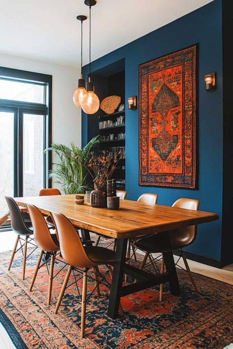 black_accent_wall_dining_room_boho (2) Blue Wall Dining Room, Navy Dining Room Decor, Dining Room Decor Indian, Dining Room Design Blue, House Palettes, Dining Room Accent Wall Ideas, Dark Blue Dining Room, Blue Dining Room Walls, Funky Dining Room