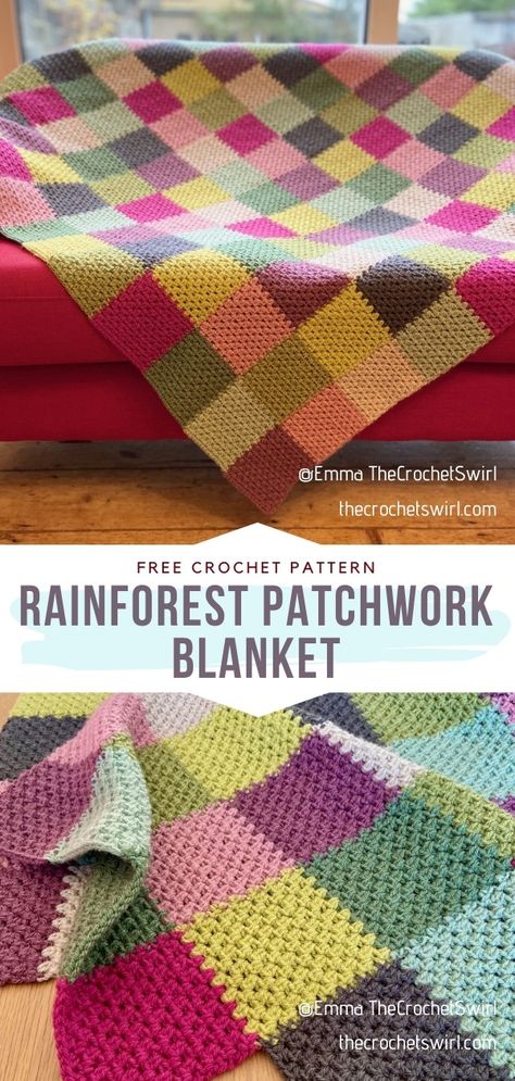 Rainforest Patchwork Blanket Free Crochet Pattern Simple and delightful! If you can't get enough crochet patterns for basic blankets and afghans, start following the work of designer Emma TheCrochetSwirl. #CrochetBlanket #FreeCrochetPattern Rainforest Crochet Patchwork Squares, Rainforest Crochet Blanket, Rainforest Crochet Patchwork Squares Blanket, Vertical Striped Crochet Blanket, Crocheted Patchwork Blanket, Scrap Wool Crochet Blanket, Colorblock Crochet Blanket, Crochet Scrap Blankets Free Patterns, Scrap Blanket Crochet Free Pattern