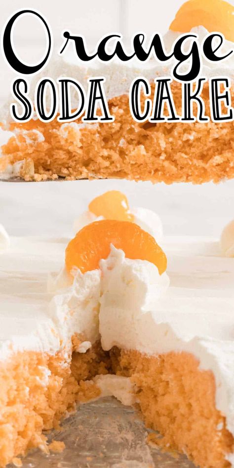 If you are looking for an easy and delicious cake recipe then you are going to love this Orange soda cake, also sometimes referred to as an orange crush soda cake. Made with a box of cake mix and orange soda this soda cake is a family favorite. This soda cake recipe is made with 2 simple ingredients including a can of soda and boxed cake mix. Orange Soda Cake Recipe, Orange Soda Cake, Orange Desserts Easy, Soda Cake Recipe, Orange Cream Cake, Cake Mix And Soda, Candied Orange Slices, Soda Cake, Orange Dessert