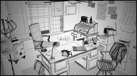 ArtStation - 70's Detective Office, Anton Freixas Office Drawing References, Detective Room, Noir Office, Detective Office, 2 Point Perspective Drawing, Noir Detective, Detective Game, Detective Aesthetic, Old Office