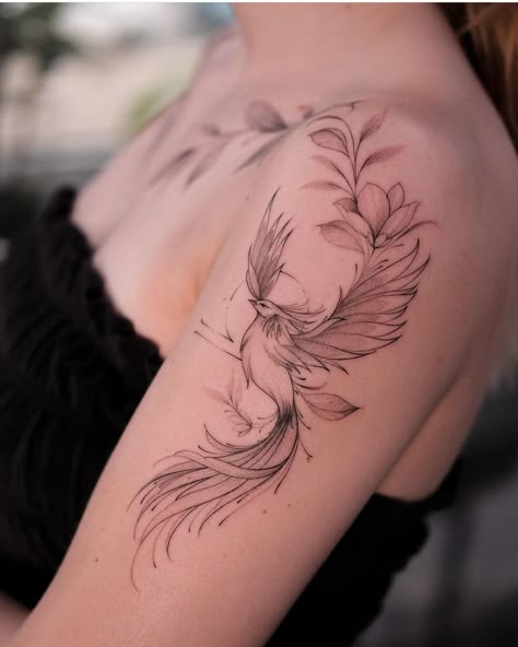 Phoenix Tattoo Arm, Phoenix Tattoo Sleeve, Feminine Shoulder Tattoos, Phoenix Tattoo Feminine, Hip Thigh Tattoos, Phoenix Tattoo Design, Upper Arm Tattoos, Chest Tattoos For Women, Floral Tattoo Sleeve