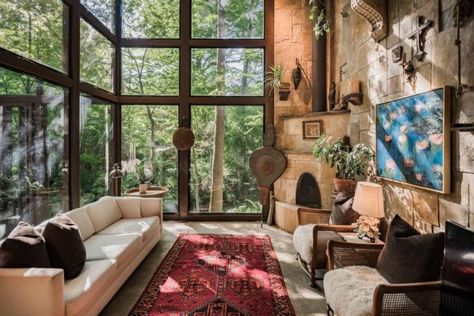 Spending The Night In This Treehouse In Texas Is A Fairy Tale Come To Life!  My kind of treehouse and it is here in Dallas! Treehouse Airbnb, Cabins In Texas, Romantic Cabin, Airbnb Rentals, Luxury Cabin, Shimmer Lights, Forest Hills, Indoor Fireplace, Condo Rental