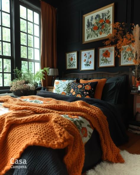 #BEAUTY ,#REALATIONSHIPS #Fashion #Outfits #Winter Outfits #Animals Orange Curtains Bedroom Room Ideas, Master Bedrooms Decor Bold Colors, Mustard And Black Color Palette, Moody Colorful Bedroom, Dark Coloured Bedroom Ideas, Moody Color Palette Bedroom, Dark Master Bedrooms Decor Colors, Fall Bed Ideas, Cozy Bedroom Colorful