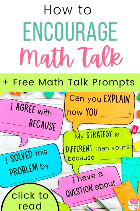 Are you looking for a way to get your students to participate and contribute to discussion during math talk? This FREE set of math talk sentence starters by Hello Learning includes 18 speech bubbles with sentence frames and a matching bookmark for students. Hang the math talk sentence starters up on a bulletin board for a great reference during math discussions. Help your students become effective communicators with this free resource. Click to sign up and grab the resource today! Math Talk Sentence Starters, Talk Moves Anchor Chart Classroom, Discussion Sentence Starters, 2nd Grade Math Board, Math Sentence Stems, Building Thinking Classrooms, Math Sentence Starters, Math Talk Anchor Chart, Math Talk Bulletin Board