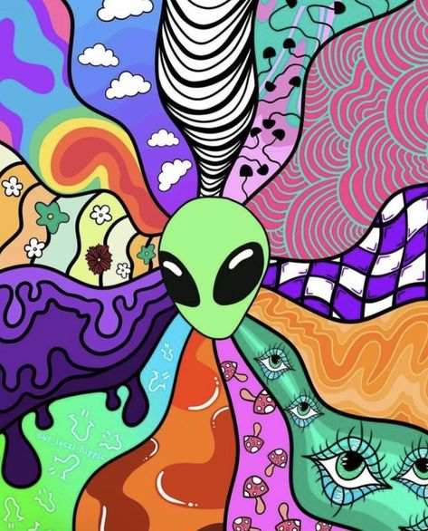 Trippy Alien, Trippy Artwork, Mushroom Paint, Alien Drawings, Trippy Drawings, Trippy Visuals, Mushroom Drawing, Psychadelic Art, Graph Paper Art