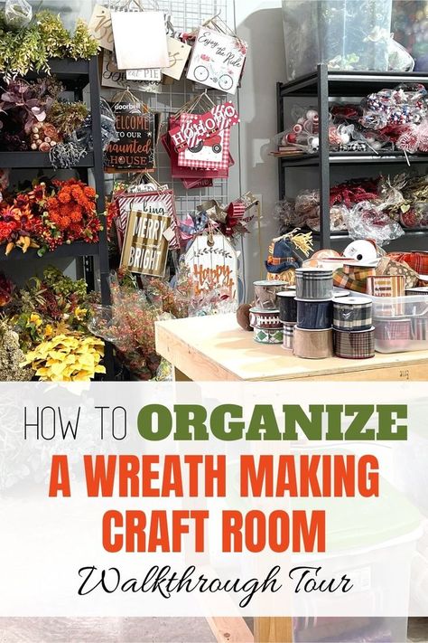 image of shelves and racks and a table full of artificial plants ribbons signs. Wreath Making Business, Craft Room Organization Diy, Wreath Storage, Craft Shed, Arts And Crafts Storage, Ribbon Storage, Wreath Making Supplies, Floral Room, Wreath Maker