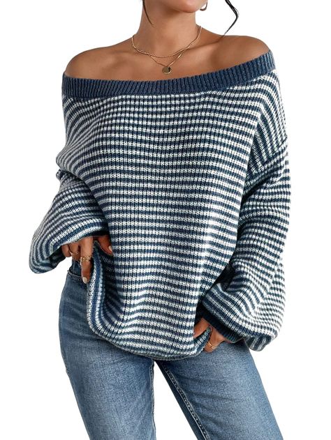 PRICES MAY VARY. 【High Quality Fabric】Womens Striped sweaters is made of soft material. Comfortable to against your skin, gives a cozy to wear every day and warm in cold weather. 【Classic Design】This Womens Casual sweaters has classic design. Long Sleeves / Knit / Loose fit / Slim Fit / Solid Color / Lightweight / Casual Sweater Tops / Fashion Shirts / Pullover Sweater / Casual, Cute, Chic Style / Soft and Lightweight Fabric. 【Stylish Features】Fashion and beautiful Off the Shoulder Pullovers for Fall Knit Sweater, Korean Fashion Fall, Fall Stripes, Bandeau Tops, Pullover Mode, Pullover Outfit, Winter Pullover, Drop Shoulder Sweaters, Pattern Sweater