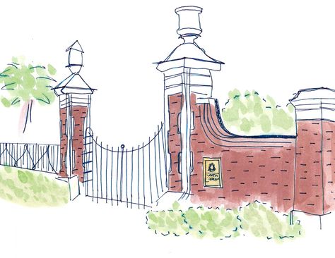 University of South Carolina Horseshoe Gate watercolor South Carolina Painting, Gate Watercolor, Sigma Alpha Omega, Sticker Inspo, Alpha Omega, Sigma Alpha, University Of South Carolina, Collage Wall, Bid Day