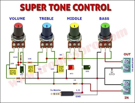 Bass Tone Control Circuit Diagram Bass Treble Circuit Diagram, Tone Control Circuit Diagram, Amplifier Circuit Diagram, Amplificatori Audio, Diy Audio Projects, Battery Charger Circuit, Basic Electronic Circuits, Hifi Amplifier, Diy Amplifier