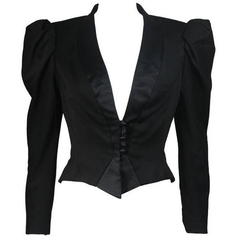 Preowned Nolan Miller Black Silk & Wool Jacket With Puff Sleeves Size... (€450) ❤ liked on Polyvore featuring outerwear, jackets, black, nolan miller, black puff jacket, black jacket, black wool jacket and black silk jacket High Collar Blouse, Goddess Outfit, Nolan Miller, Jackets Black, Puff Jacket, Dressy Pants, Silk Jacket, Silk Wool, Indiana Jones