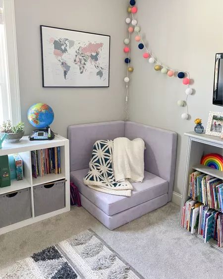 Reading Corner Playroom Ideas, Nugget Corner Couch, Nugget Couch Corner, Nugget Couch Corner Ideas, Nugget In Bedroom, Play Couch Reading Nook, Nugget Room Ideas, Nugget Couch Reading Corner, Nugget Couch Bedroom