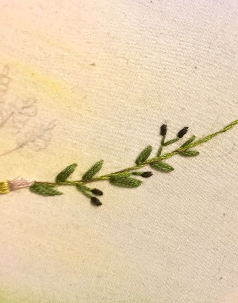 Hand embroidery of olive branches. So tiny! The olives are the size of mustard seeds. I had fun making them. Follow me on Instagram! @kim_broidery Olive Leaf Embroidery, Tiny Leaf Embroidery, Embroidery Olive Branch, Olive Branch Embroidery, Embroidery Branch, Pagan Veiling, Olive Embroidery, Jean Embroidery, Creative Juice