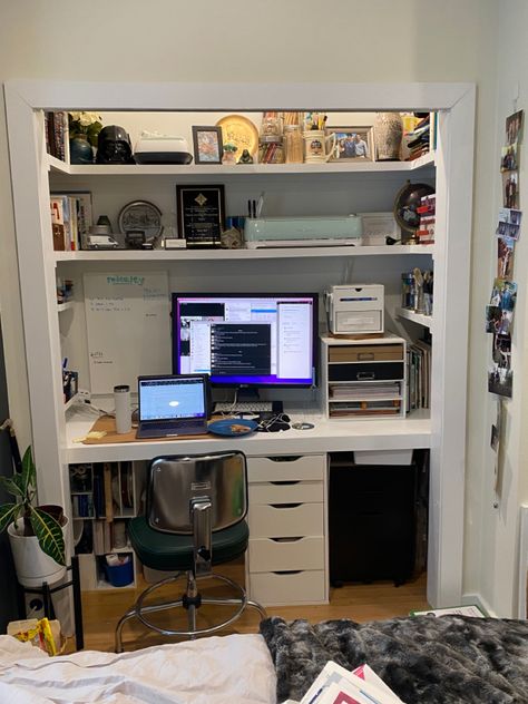 Converted an extra closet to a home office for working from home! Computer Desk In Closet, Closet Converted To Desk, Closet Computer Space, Office With Futon And Desk, Closet Converted To Office, Desk Inside Closet, Home Office With Futon, Office With Futon, Closet Into Office