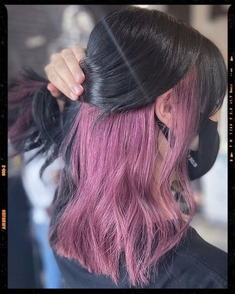 Deep Purple Peekaboo Hair, Peekaboo Hair Color Pink And Purple, Peekaboo Hair Ideas For Brunettes, Black Hair With Dyed Underneath, Peekaboo Hair Brunettes, Peekaboo Hair Color Brunettes Short, Under Hair Color Purple, Light Pink Peekaboo Hair, Black Hair With Purple Underneath