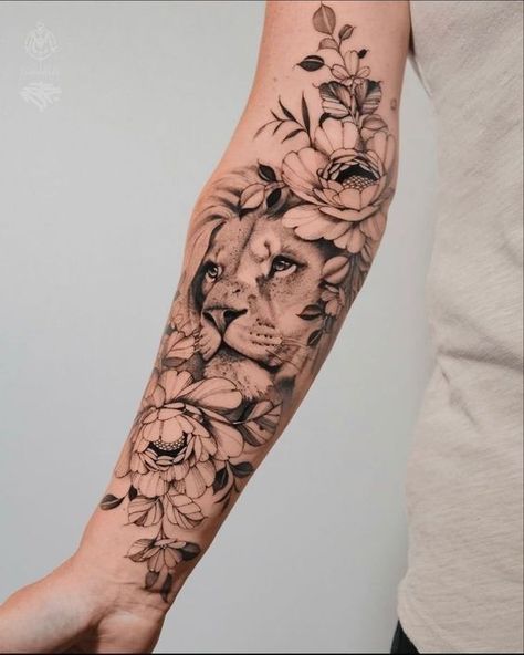 Lion Tattoo Half Sleeve, Lion Tattoo With Flowers, Female Lion Tattoo, Girl Flower Tattoos, Unique Cross Tattoos, Quarter Sleeve Tattoos, Animal Tattoo Ideas, Wildflower Tattoo, Cross Tattoos