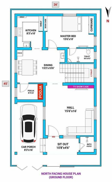 Plan with music North Face Elevation Designs, Civil Drawing, Smart House Plans, 30x50 House Plans, North Facing House, 20x40 House Plans, 30x40 House Plans, Duplex Floor Plans, 2bhk House Plan