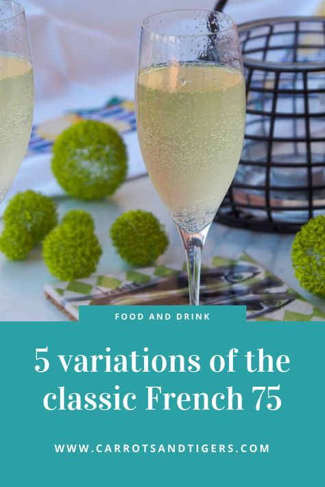 If you want to start your summer evening with a lovely, easy-to-make cocktail, I have put together 5 variations of the classic French 75 champagne cocktail you will love. #cocktail #cocktailrecipe #mixology #drink #champagne #happyhour French Champagne Cocktails, French 95 Cocktail, French 75 Variations, Summer Champagne Cocktails, French 75 Drink, French 75 Recipe, French Cooking Recipes, Love Cocktail, Sparkling Wine Cocktails