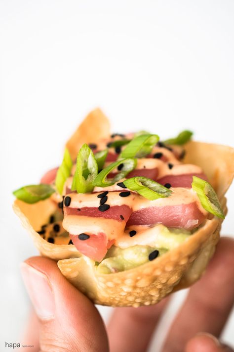 Tuna Sashimi and Avocado Wonton Cups Tuna Sashimi, Wonton Cups, Won Ton, Tuna Avocado, Ahi Tuna, Pastry Shells, Tuna Recipes, Sushi Recipes, White Plate