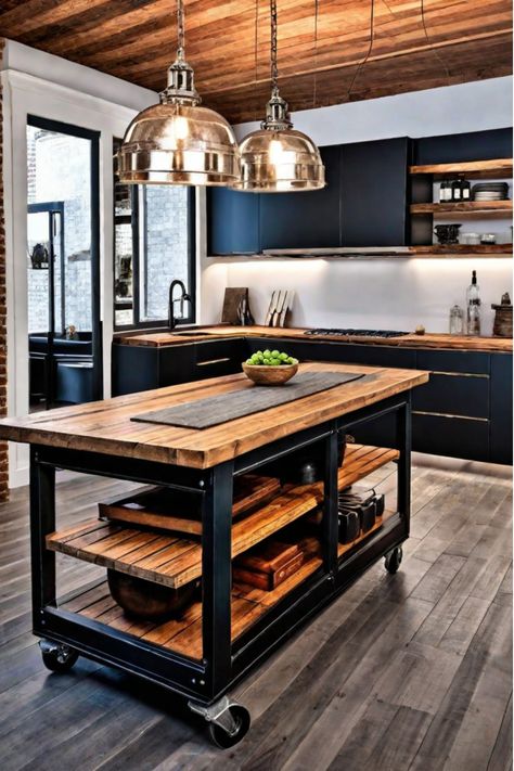 Rustic kitchen with reclaimed wood beams, subway tile backsplash, and industrial-chic lighting Industrial Kitchen Cabinets, Rustic Industrial Kitchen Design, Metal And Wood Kitchen, Kitchen Industrial Style, Bar Table Kitchen, Industrial Furniture Design, Industrial Farmhouse Kitchen, Industrial Kitchens, Dirty Kitchen Design