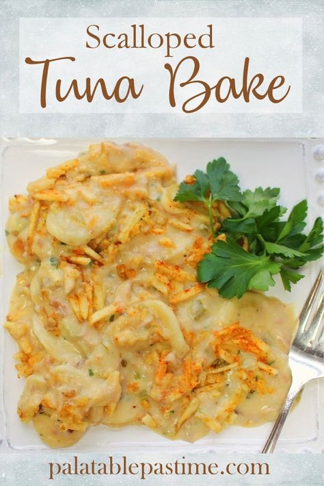 Scalloped Tuna Bake combines tuna and potatoes in a creamy sauce for a simple and comforting homestyle casserole. Tuna Casserole For One, Tuna And Potato Casserole, Tuna And Potato Recipes, Tuna Dinner Recipes Canned, Tuna Potato Casserole, Tuna With Potatoes, Tuna Potato Casserole Recipes, Tunafish Casserole, Tuna And Potatoes