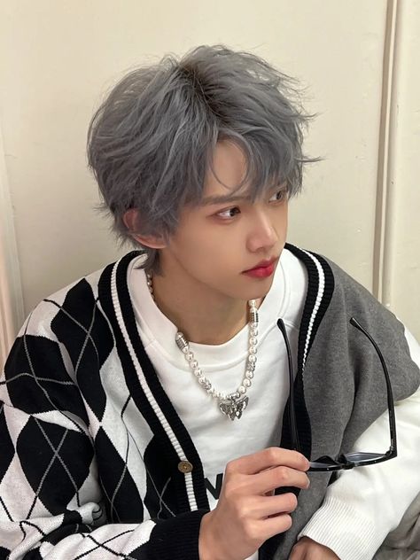 Asian Guy Colored Hair, Grey Dyed Hair Men, Dye Hair Ideas For Black Hair, Grey Hair Male, Grey Hair Color Men, Grey Hair Boy, Grey Dyed Hair, Asian Hair Dye, Half Colored Hair