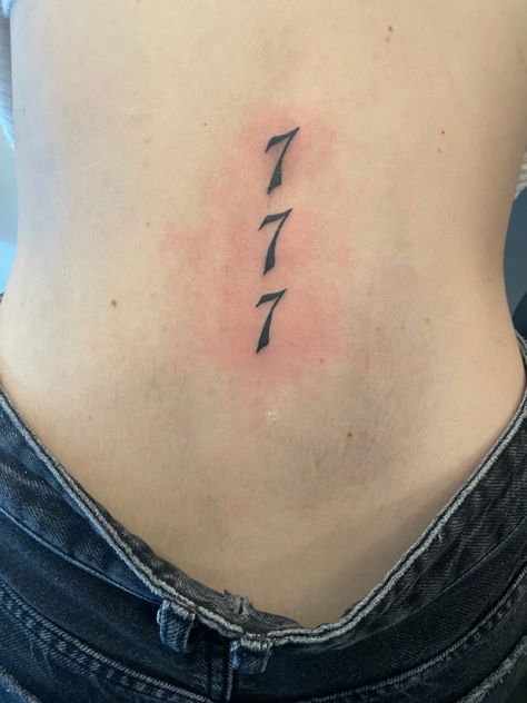 777 Tattoo Vertical, Number Nails Acrylic, 777 Tattoo Meaning, Angelic Numbers, Vertical Tattoo, 777 Tattoo, Tattoos Aesthetic, Number Tattoos, Back Of Neck Tattoo