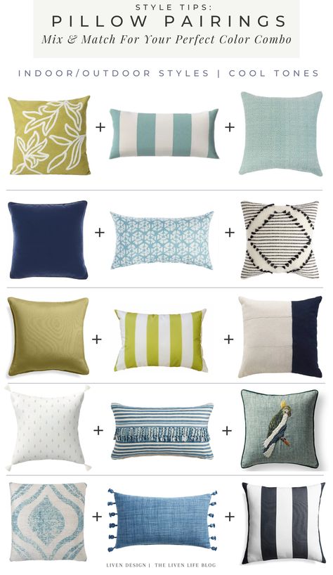 Indoor/Outdoor Pillows | How to Mix and Match & Find Your Perfect Color Combo — LIVEN DESIGN Patio Pillows Outdoor, Patio Color Schemes, Mix And Match Throw Pillows, Outdoor Deck Decorating, Colorful Outdoor Furniture, Blue Outdoor Furniture, Blue Patio, Pillow Combos, Throw Pillows Living Room