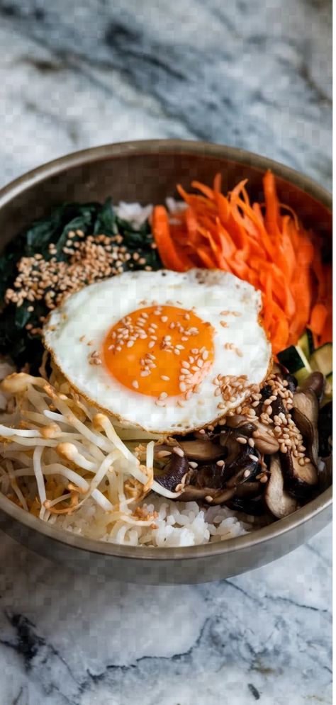 A photo of a  Korean Bibimbap Dinner Bowl a Dinner Bowl Recipes And Ideas Dinner Bowl Recipes, Korean Bibimbap, A Balanced Meal, Dinner Bowl, Protein Meal, Shiitake Mushrooms, Grain Bowl, Bowl Recipes, Veggie Bowl