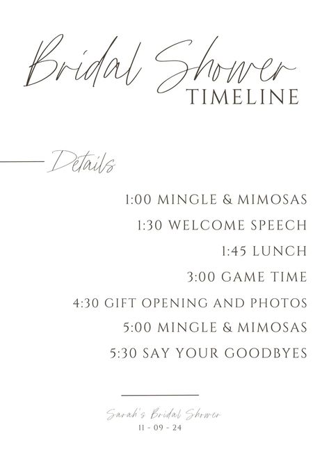 free bridal shower itinerary template Bridal Shower Agenda Template, Bridal Brunch Timeline, Bridal Shower Announcements, When To Have A Bridal Shower Timeline, Bridal Shower Order Of Events, Bridal Shower Itenary, Planning A Bridal Shower Checklist, Bridal Shower Timeline Day Of, Bridal Shower Program Ideas