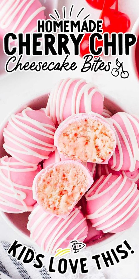 Cherry Chip Cheesecake Bites, Cherry Chip Cheesecake, Best Strawberry Cheesecake, Cheesecake Treats, Cherry Chip Cake Mix, Cherry Chip Cake, Microwave Caramels, Truffle Recipes, Strawberry Cheesecake Bites