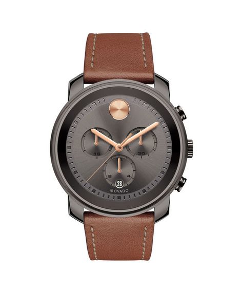 Movado | Movado BOLD Men's Extra-large Gunmetal gray ion-plated stainless steel watch with Gunmeatl dial | Movado US Movado Watches, Movado Mens Watches, Movado Bold, Brown Leather Strap Watch, Movado Watch, Brown Leather Watch, Mens Chronograph, Leather Strap Watch, Casual Watches