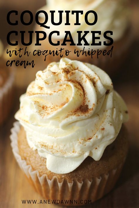 Coquito Cupcakes, Whipped Cream Icing, Coquito Recipe, Homemade Whipped Cream Recipe, Puerto Rico Food, Cream Icing, Boricua Recipes, Boozy Desserts, Spice Cake Mix